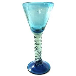 Hand Blown Art Glass Chalice Goblet Blue Aqua Twisted Stem Bubbles 8.5”